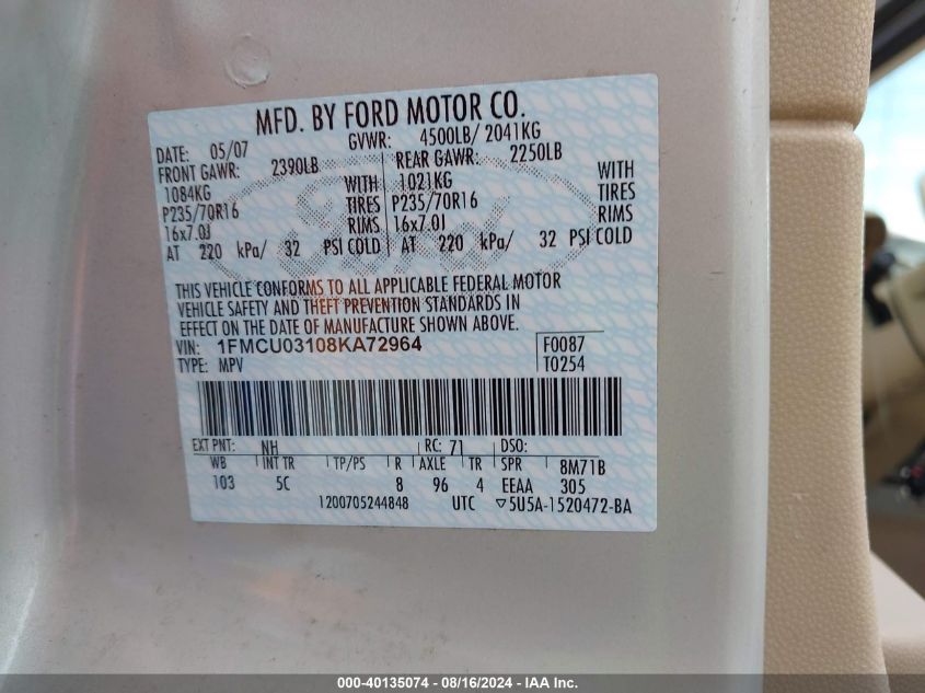 2008 Ford Escape Xlt VIN: 1FMCU03108KA72964 Lot: 40135074