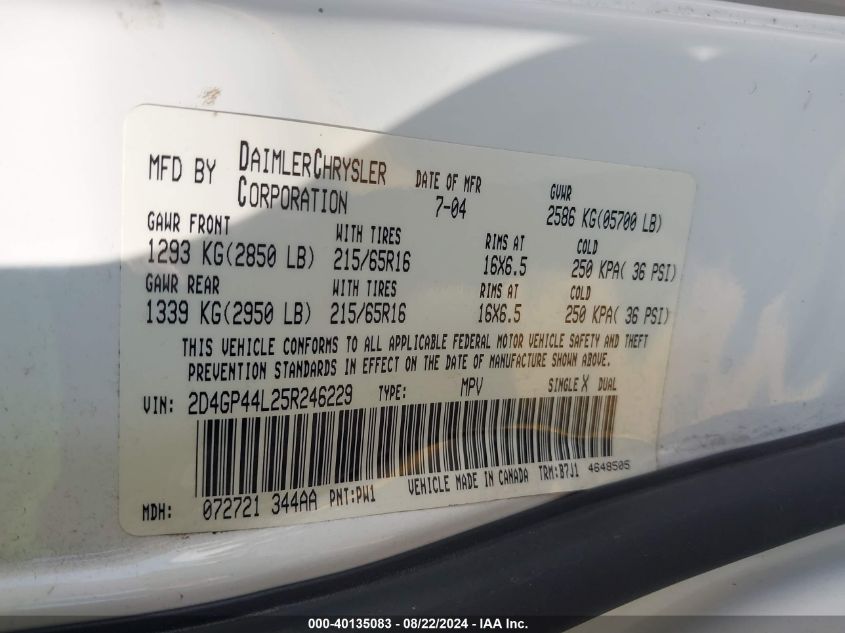 2005 Dodge Grand Caravan Sxt VIN: 2D4GP44L25R246229 Lot: 40135083