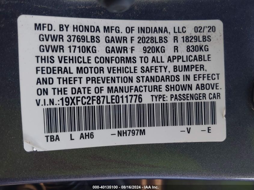 2020 Honda Civic Sport VIN: 19XFC2F87LE011776 Lot: 40135100