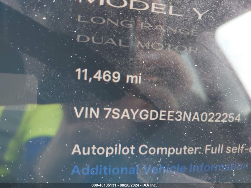 2022 Tesla Model Y VIN: 7SAYGDEE3NA022254 Lot: 40135131