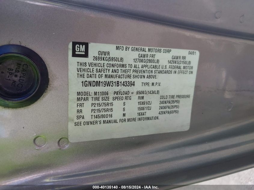 2001 Chevrolet Astro Ls VIN: 1GNDM19W31B143394 Lot: 40135140