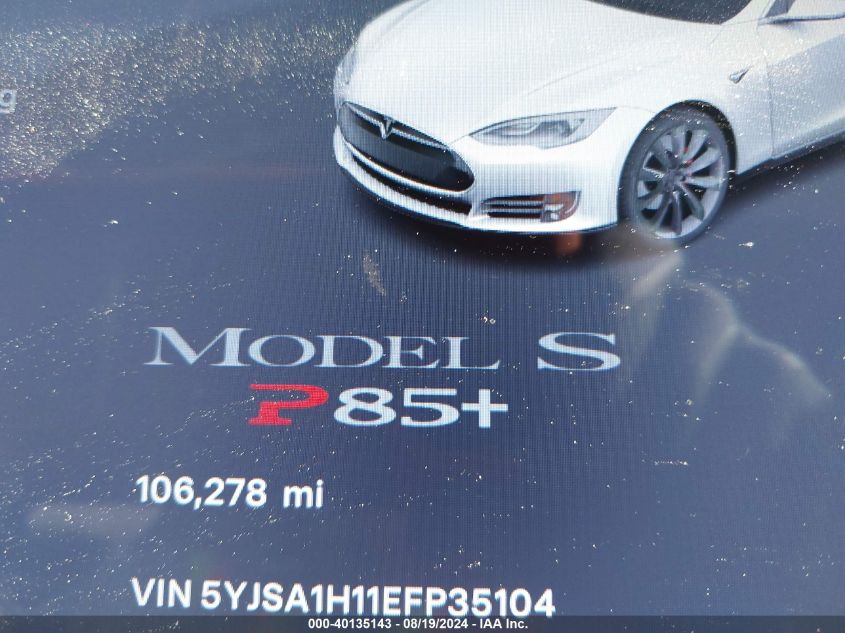 2014 Tesla Model S P85 VIN: 5YJSA1H11EFP35104 Lot: 40135143