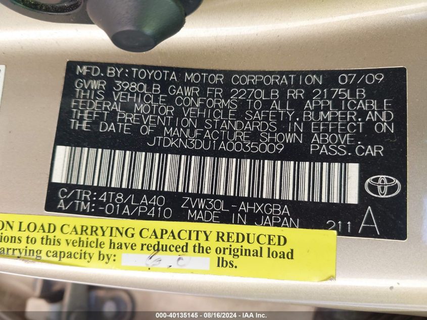 2010 Toyota Prius Iv VIN: JTDKN3DU1A0035009 Lot: 40135145