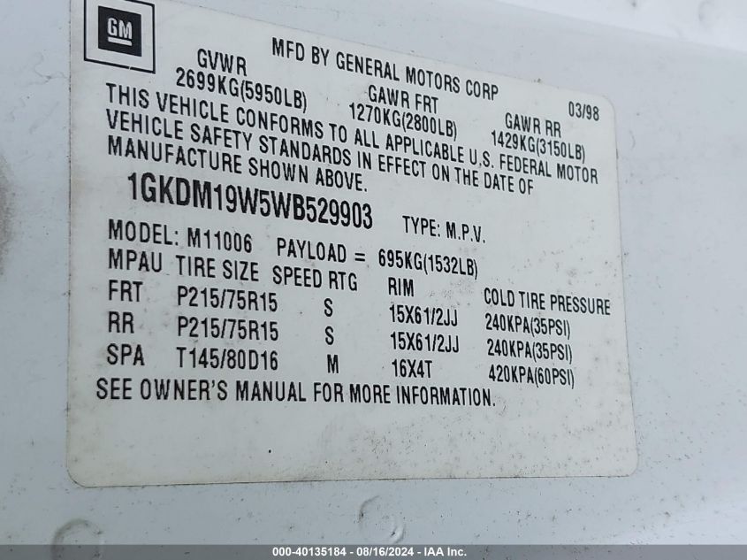 1998 GMC Safari Sle VIN: 1GKDM19W5WB529903 Lot: 40135184