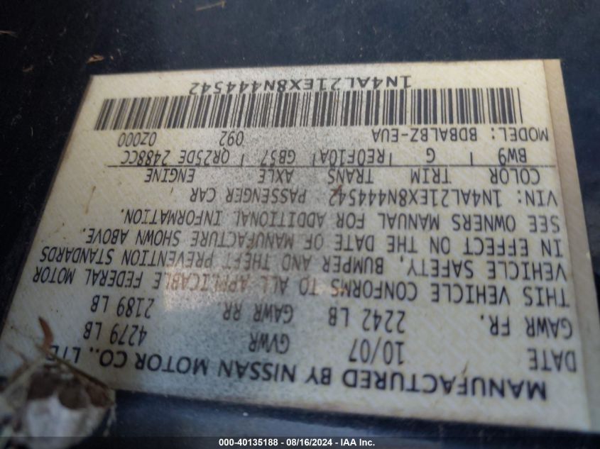 2008 Nissan Altima 2.5 S VIN: 1N4AL21EX8N444542 Lot: 40135188