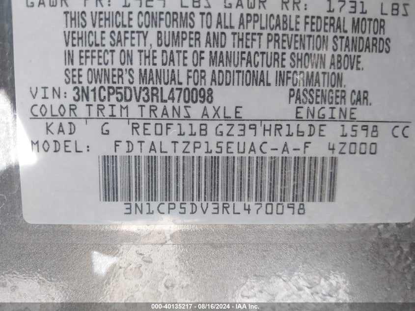 2024 Nissan Kicks Sr VIN: 3N1CP5DV3RL470098 Lot: 40135217