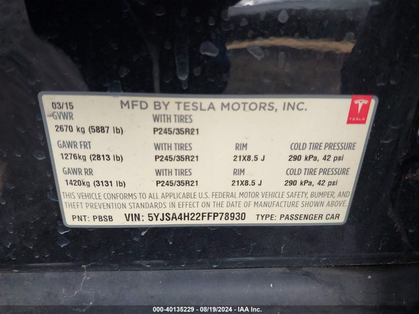 2015 Tesla Model S 70D/85D/P85D VIN: 5YJSA4H22FFP78930 Lot: 40135229