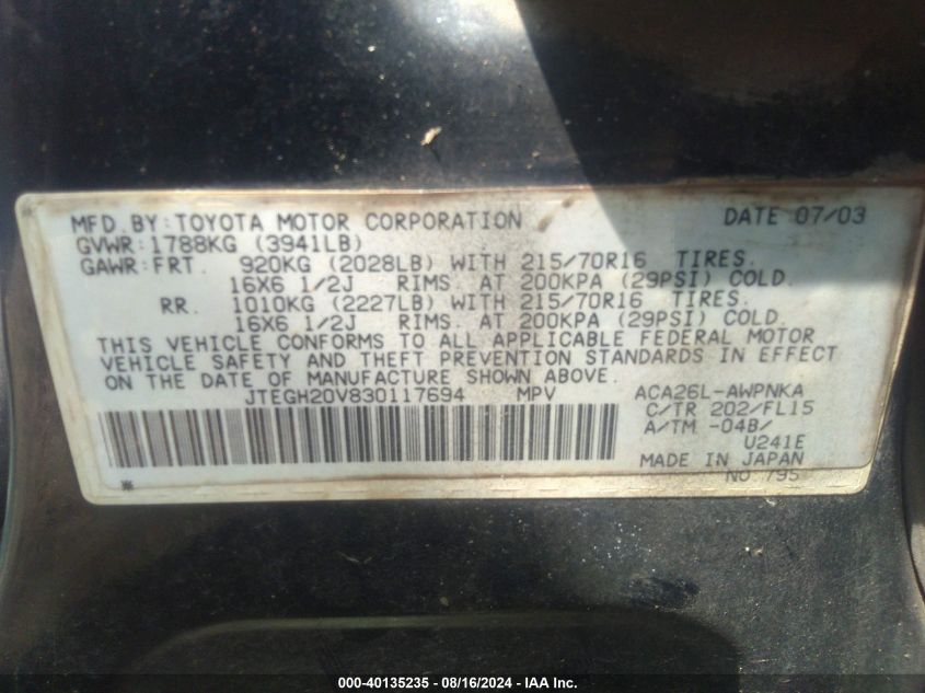2003 Toyota Rav4 VIN: JTEGH20V830117694 Lot: 40135235