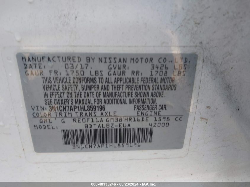 2017 NISSAN VERSA 1.6 SV - 3N1CN7AP1HL859196