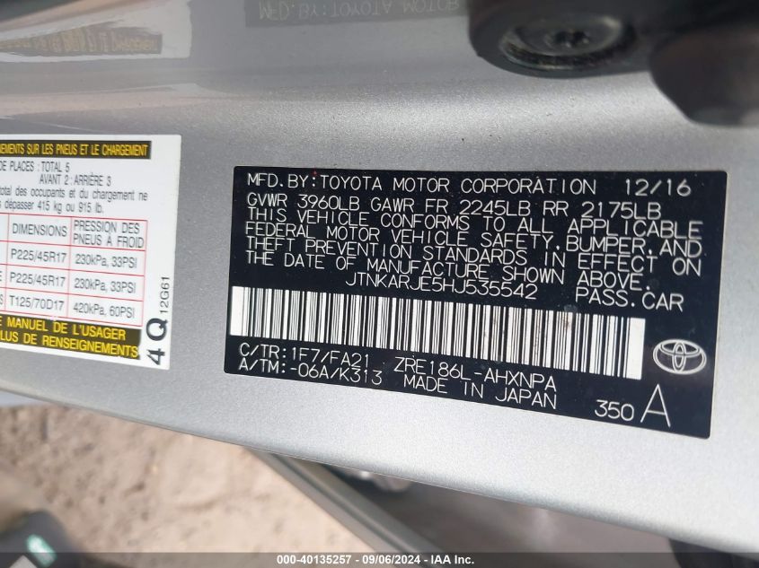 2017 Toyota Corolla Im VIN: JTNKARJE5HJ535542 Lot: 40135257