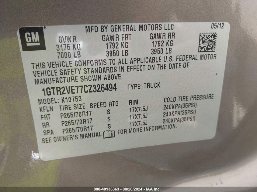 2012 GMC Sierra 1500 Sle VIN: 1GTR2VE77CZ326494 Lot: 40135363