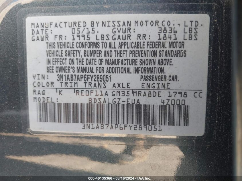 2015 Nissan Sentra Sl VIN: 3N1AB7AP6FY289051 Lot: 40135366