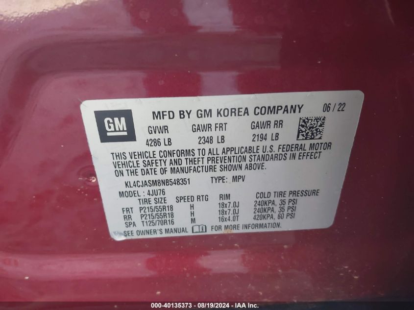 2022 Buick Encore Fwd Preferred VIN: KL4CJASM8NB548351 Lot: 40135373