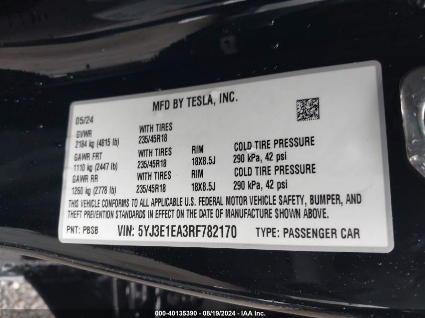 2024 Tesla Model 3 Rear-Wheel Drive VIN: 5YJ3E1EA3RF782170 Lot: 40135390