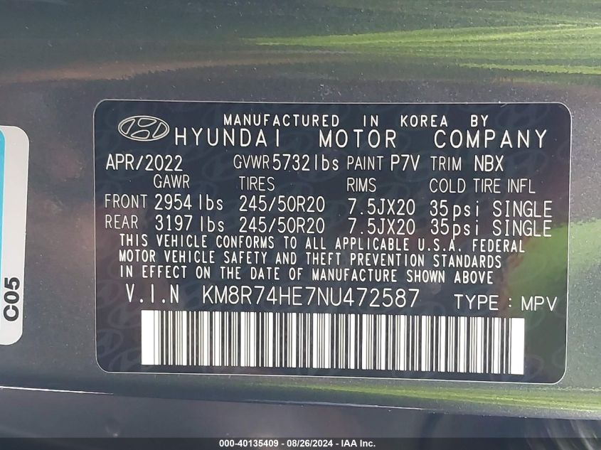 2022 Hyundai Palisade Calligraphy VIN: KM8R74HE7NU472587 Lot: 40135409