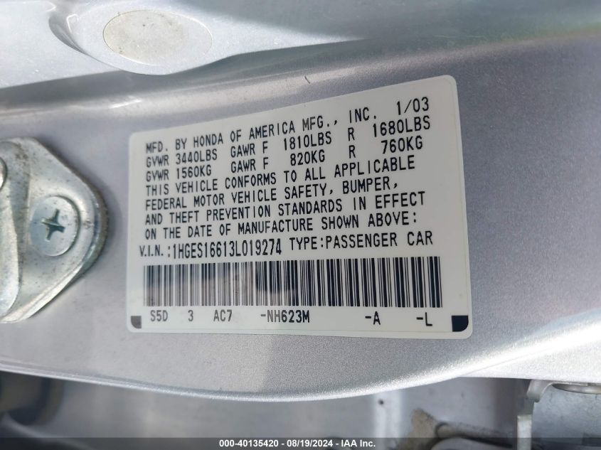 2003 Honda Civic Lx VIN: 1HGES16613L019274 Lot: 40135420