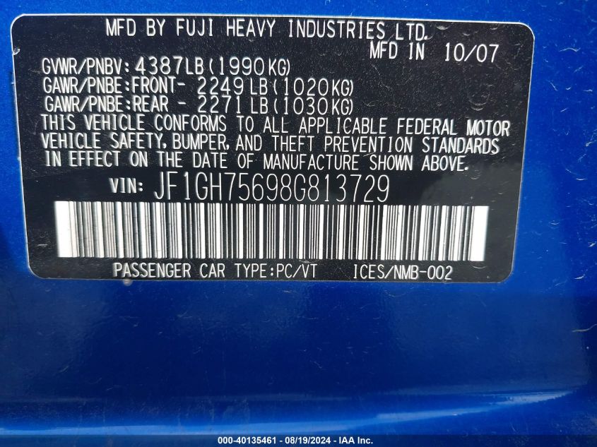 2008 Subaru Impreza Wrx VIN: JF1GH75698G813729 Lot: 40135461