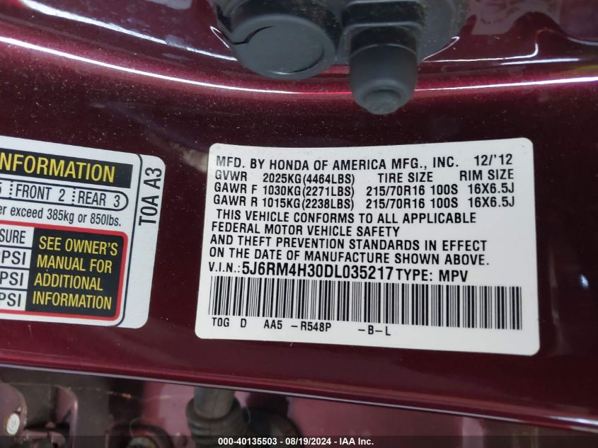 2013 Honda Cr-V Lx VIN: 5J6RM4H30DL035217 Lot: 40135503