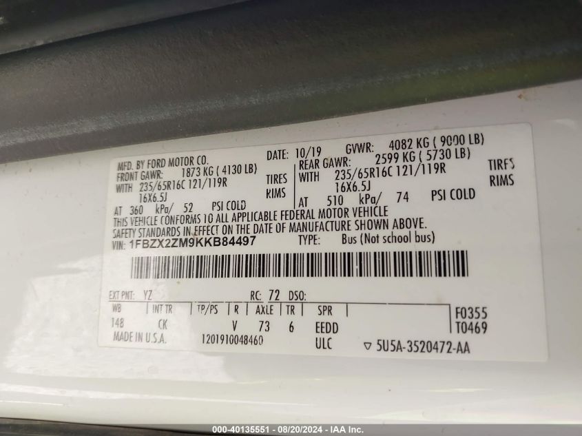2019 Ford Transit T-350 VIN: 1FBZX2ZM9KKB84497 Lot: 40135551