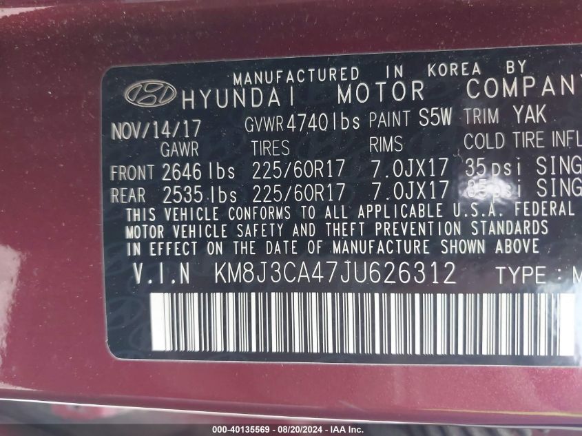 KM8J3CA47JU626312 2018 Hyundai Tucson Sel