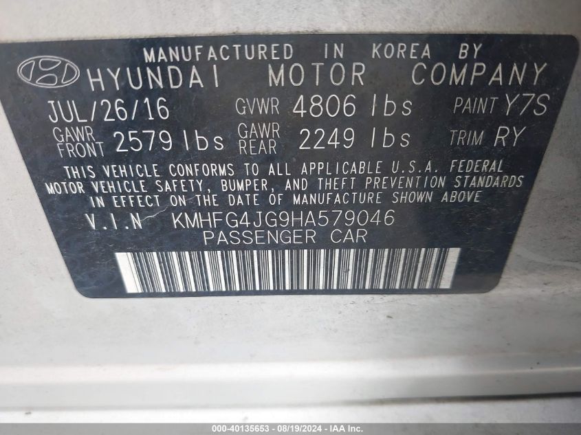 KMHFG4JG9HA579046 2017 Hyundai Azera