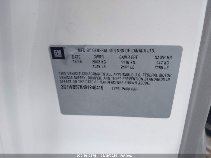 2009 Chevrolet Impala Ls VIN: 2G1WB57K491248416 Lot: 40135751