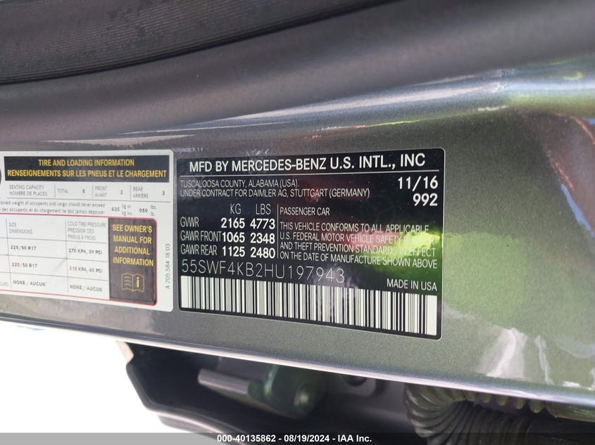 VIN 55SWF4KB2HU197943 2017 MERCEDES-BENZ C 300 4MATIC/LUXURY 4MATIC/SPORT 4MATIC