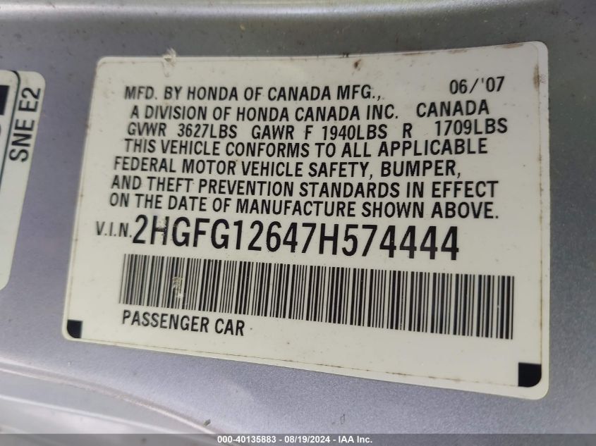 2007 Honda Civic Lx VIN: 2HGFG12647H574444 Lot: 40135883