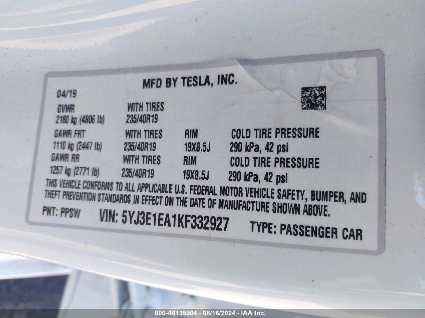 2019 Tesla Model 3 Long Range/Mid Range/Standard Range/Standard Range Plus VIN: 5YJ3E1EA1KF332927 Lot: 40135904