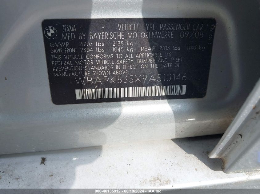 2009 BMW 328I xDrive VIN: WBAPK535X9A510146 Lot: 40135912