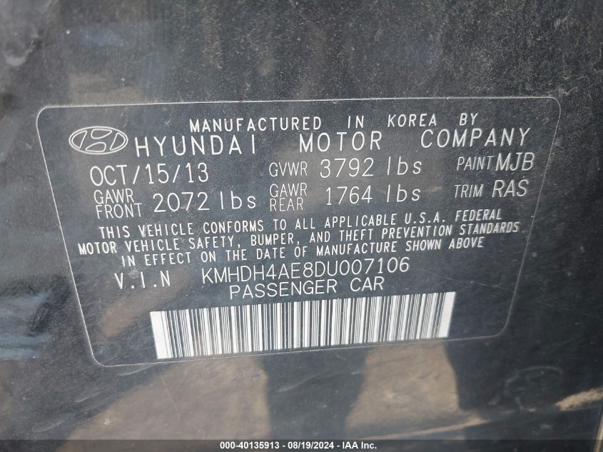 2013 Hyundai Elantra Gls VIN: KMHDH4AE8DU007106 Lot: 40135913