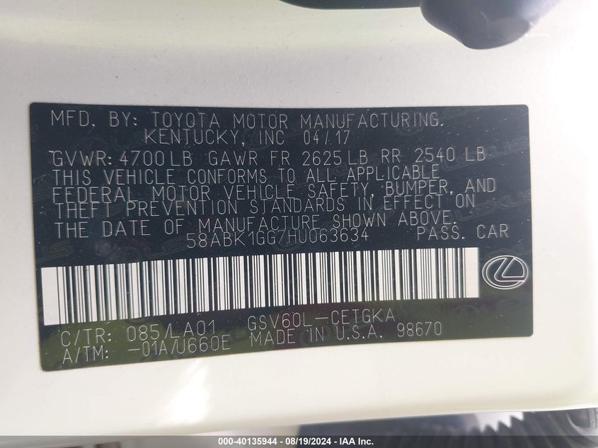 Image 9 of 2017 Lexus ES  salvage vehicle - Lot #40135944 at IAAI