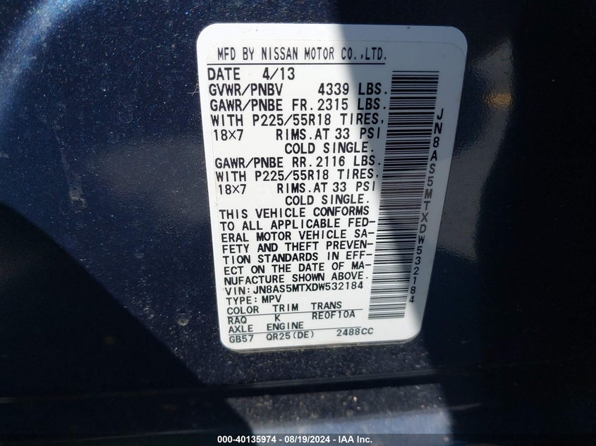 2013 Nissan Rogue Sv W/Sl Pkg VIN: JN8AS5MTXDW532184 Lot: 40135974