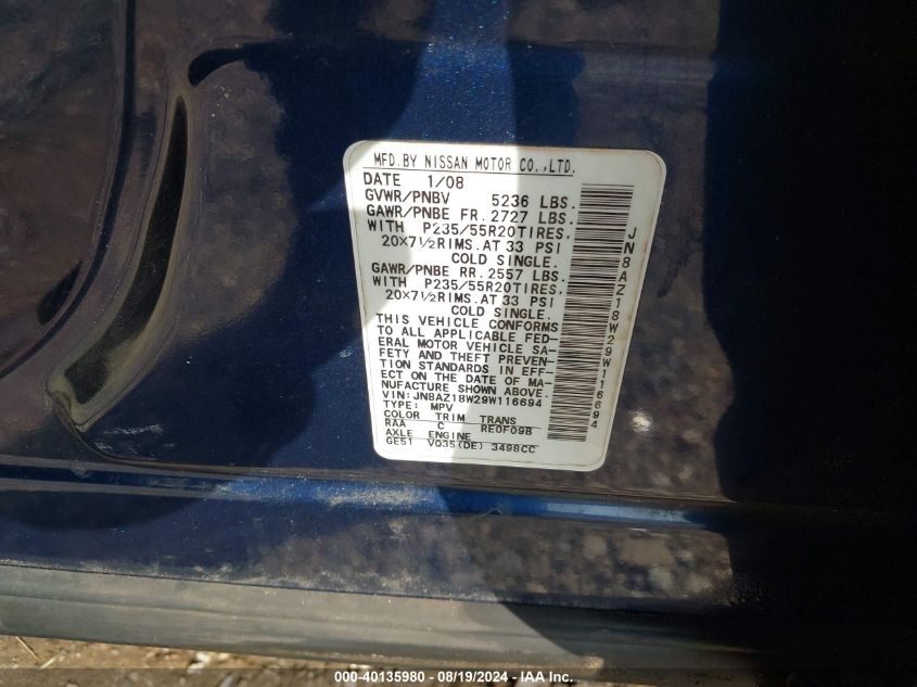 2009 Nissan Murano Le VIN: JN8AZ18W29W116694 Lot: 40135980