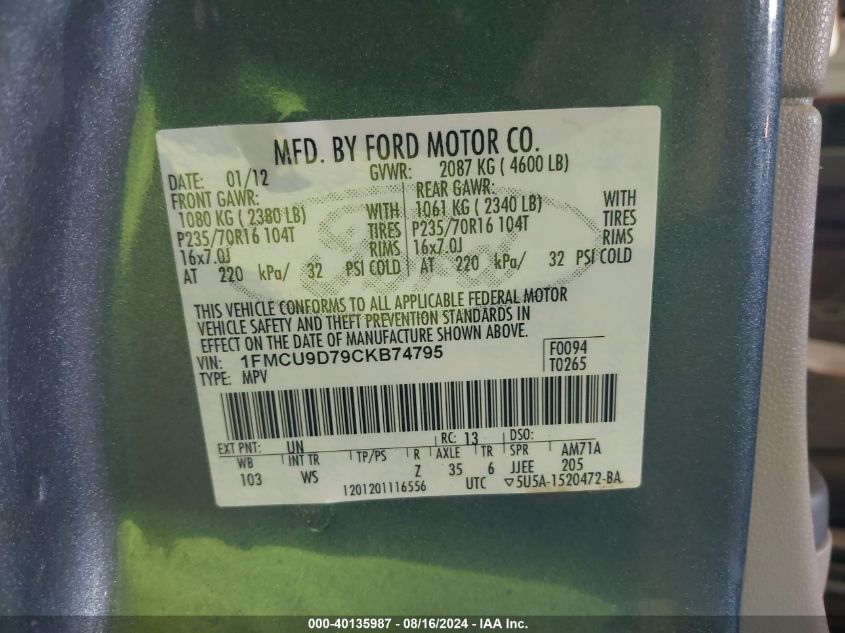 2012 Ford Escape Xlt VIN: 1FMCU9D79CKB74795 Lot: 40135987