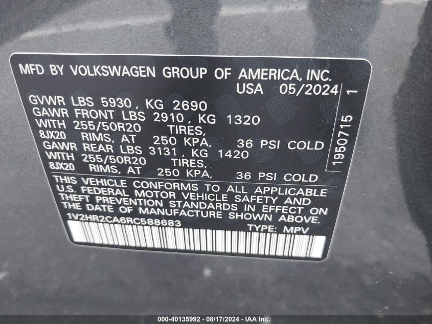 2024 Volkswagen Atlas Se VIN: 1V2HR2CA6RC588683 Lot: 40135992