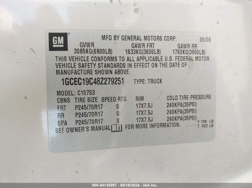 2008 Chevrolet Silverado 1500 Work Truck VIN: 1GCEC19C48Z279251 Lot: 40135997