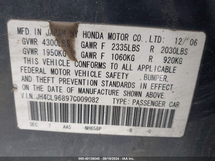2007 Acura Tsx VIN: JH4CL96897C009082 Lot: 40136045