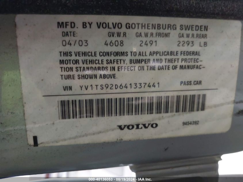 2004 Volvo S80 2.9 VIN: YV1TS92D641337441 Lot: 40136053