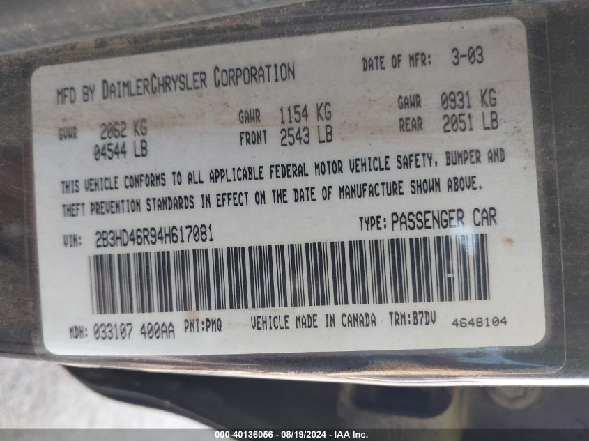 2004 Dodge Intrepid Se VIN: 2B3HD46R94H617081 Lot: 40136056