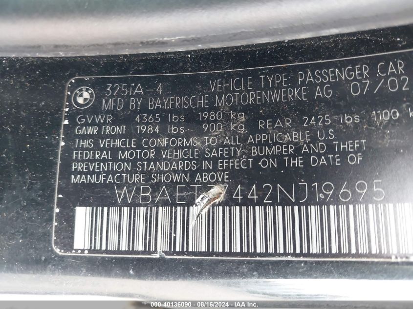 2002 BMW 325I VIN: WBAET37442NJ19695 Lot: 40136090