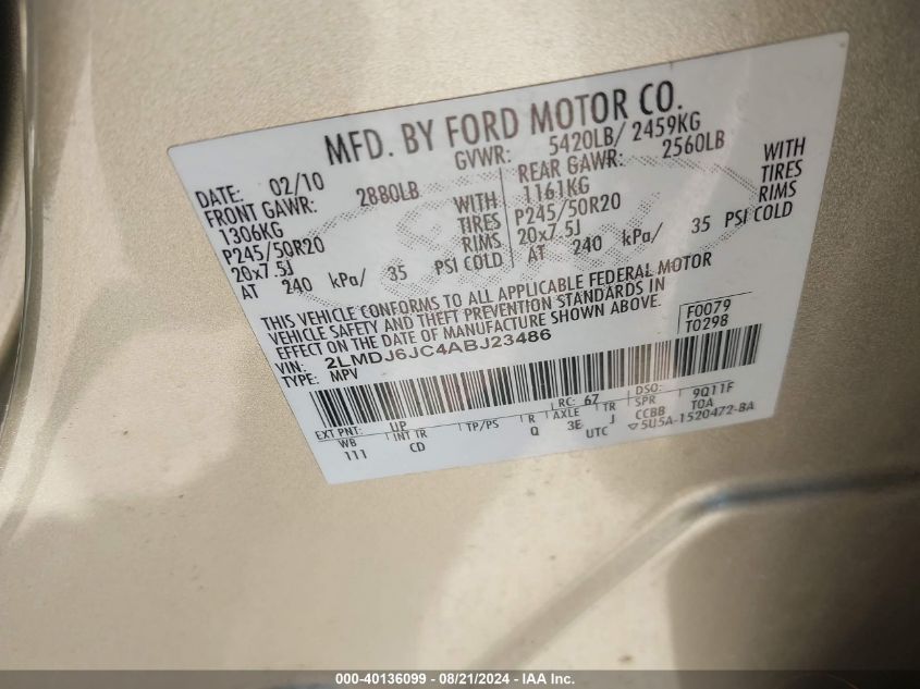 2010 Lincoln Mkx VIN: 2LMDJ6JC4ABJ23486 Lot: 40136099