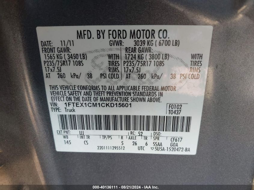 2012 Ford F-150 Xl VIN: 1FTEX1CM1CKD15601 Lot: 40136111