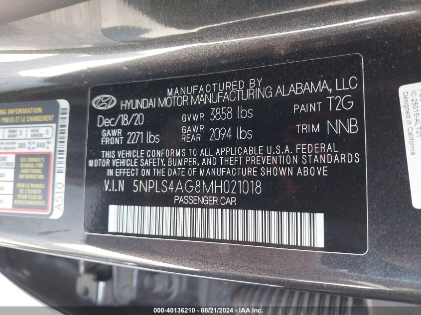 2021 Hyundai Elantra Sel VIN: 5NPLS4AG8MH021018 Lot: 40136210