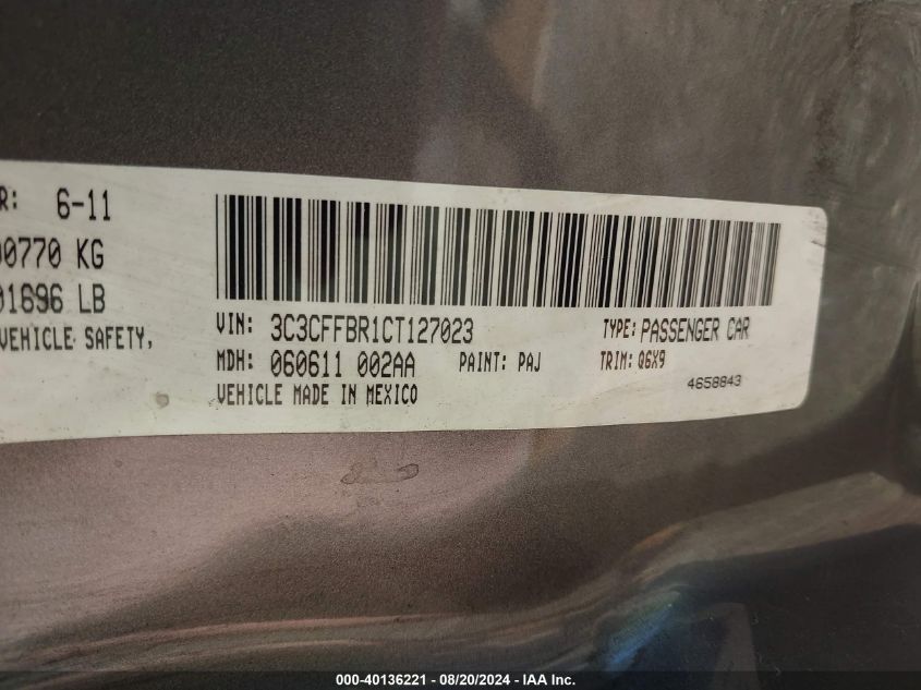 2012 Fiat 500 Sport VIN: 3C3CFFBR1CT127023 Lot: 40136221