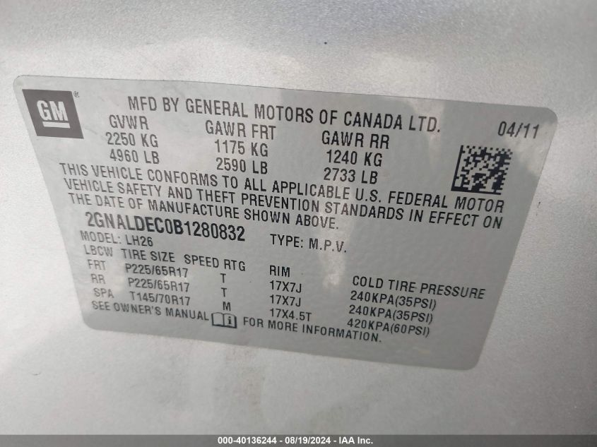 2011 Chevrolet Equinox 1Lt VIN: 2GNALDEC0B1280832 Lot: 40136244