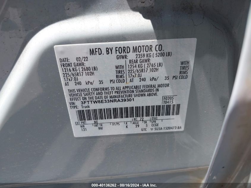 2022 Ford Maverick Xl VIN: 3FTTW8E33NRA39301 Lot: 40136262