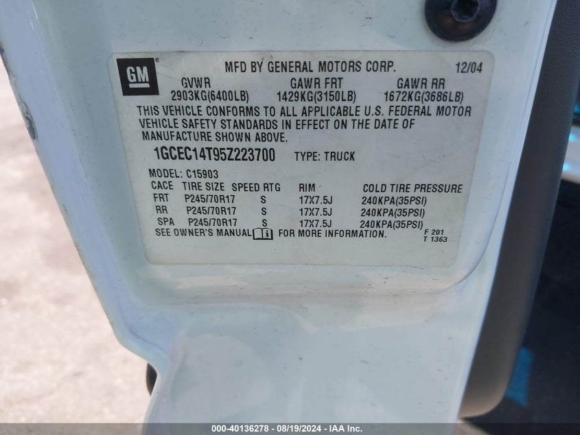 2005 Chevrolet Silverado 1500 VIN: 1GCEC14T95Z223700 Lot: 40136278