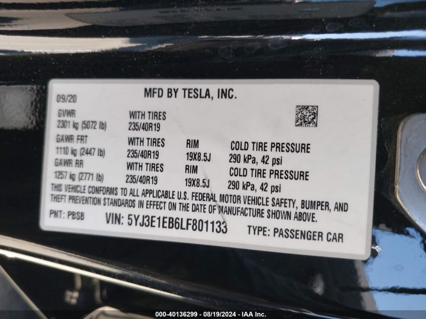 2020 Tesla Model 3 Long Range Dual Motor All-Wheel Drive VIN: 5YJ3E1EB6LF801133 Lot: 40136299