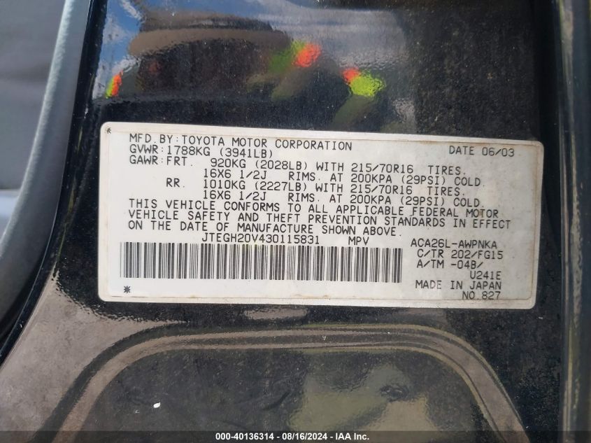 2003 Toyota Rav4 VIN: JTEGH20V430115831 Lot: 40136314